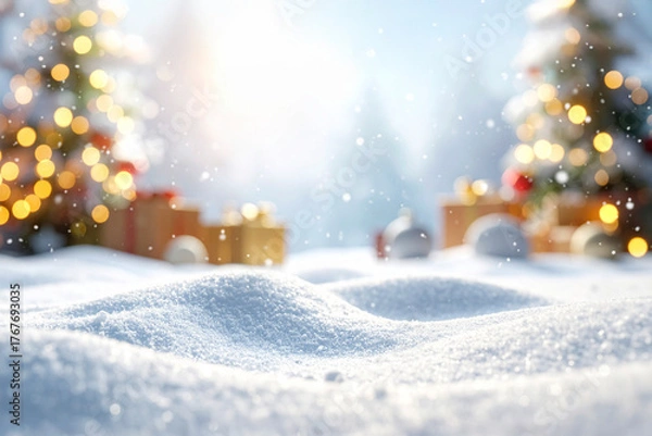 Fototapeta Christmas background. Festive decoration on snow with bokeh lights
