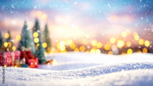 Fototapeta Christmas background with bokeh lights and snowdrift