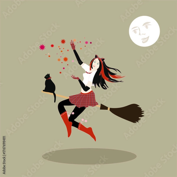 Fototapeta A witch with a broom and in a hat on a colored background goes about her daily activities