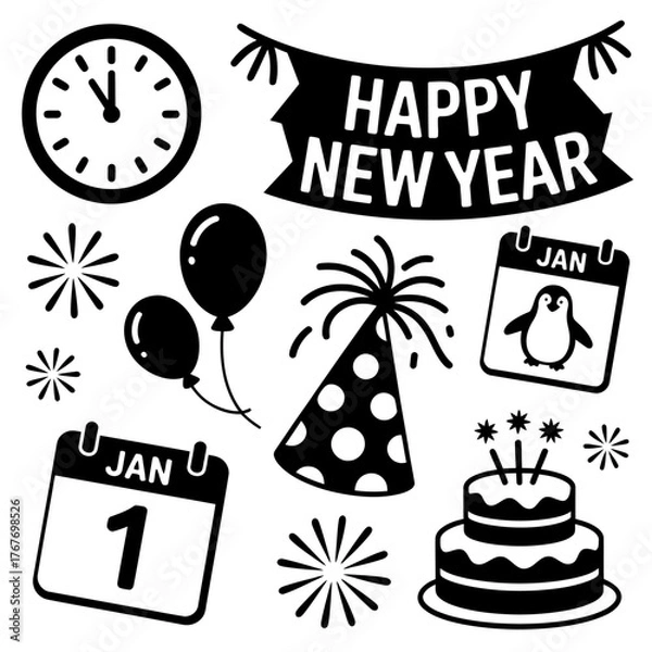 Fototapeta Collection of new years eve celebration icons including a clock, balloons, party hat, cake, and calendars, , representing festive elements for welcoming the new year