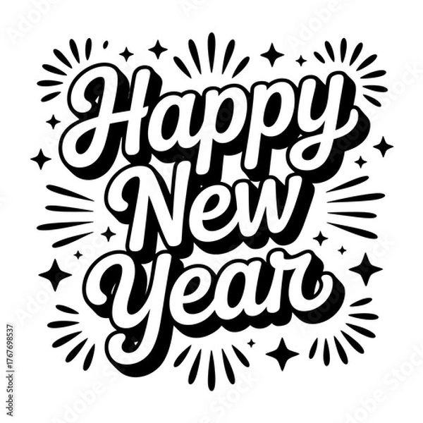 Fototapeta Happy new year stylized text with starbursts and sparkles