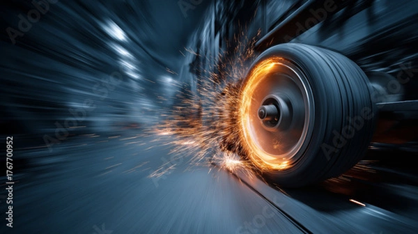 Fototapeta High-angle view of a tire testing machine in action, sparks and movement blur, technical process shown