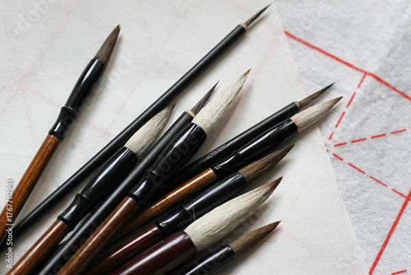 Obraz Brushes for traditional Chinese guohua painting. Large and thin brushes for calligraphy and oriental painting.