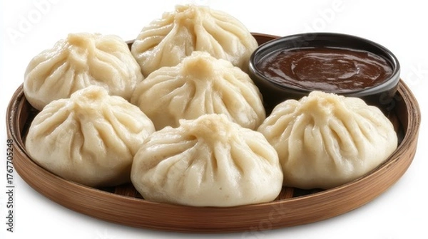 Fototapeta Freshly cooked Dim Sum dumplings served with dipping sauce