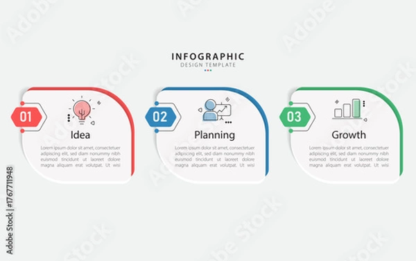 Fototapeta Business infographic template. 3 Step timeline journey. Process diagram, 3 options on white background, Infograph elements vector illustration.