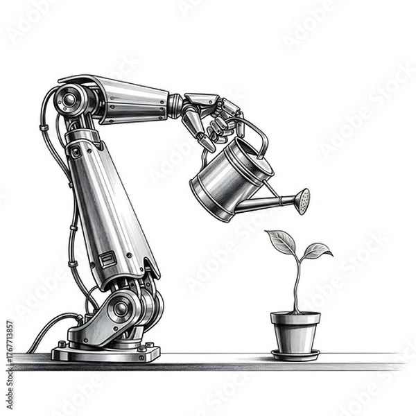 Fototapeta Robotic arm watering a small plant in a pot