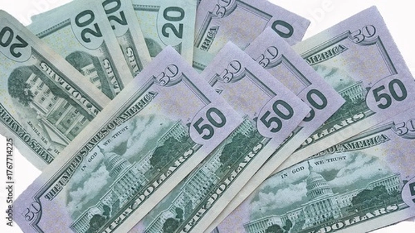 Fototapeta American or US dollars in form of a bunch of fifty and twenty dollar bills - money in the USA