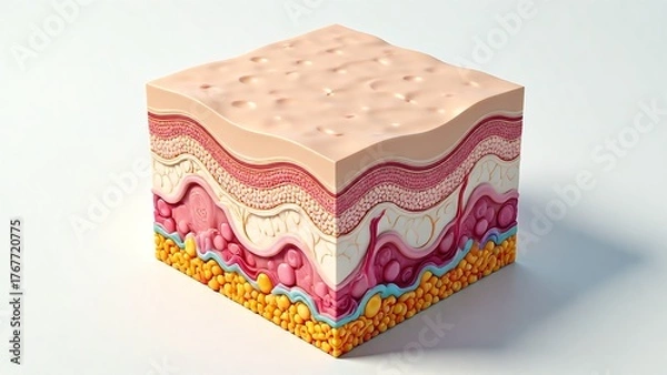 Obraz A detailed 3D medical illustration of a human skin cross-section, revealing the intricate layers of the epidermis, dermis, and subcutaneous fatty tissue in a block model