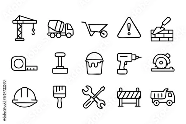 Obraz Construction and Building Line Icons Set Vector - Tools, Industry, Engineering, and Work Symbols