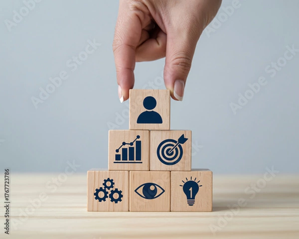 Fototapeta Strategic business building blocks symbolize growth, vision, and achieving goals for professional success