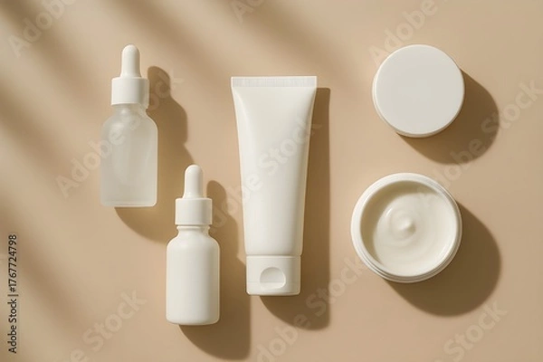 Fototapeta Minimalist skincare flat lay on beige background with natural light
