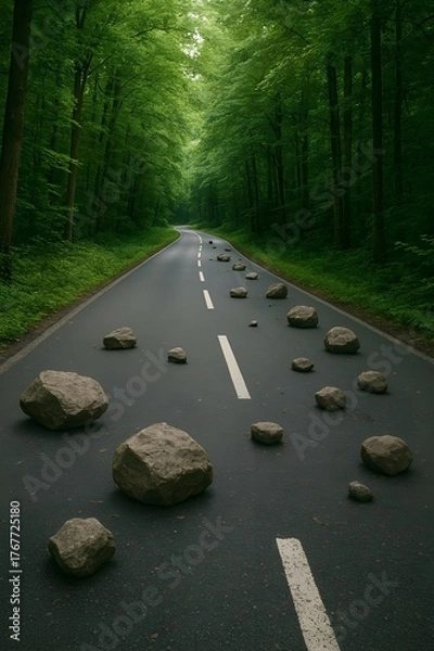 Fototapeta Forest road with scattered stones, tranquil nature landscape