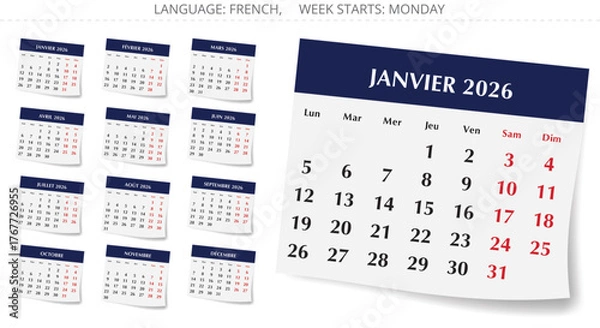 Fototapeta 2026 year french calendar. Pages of 12 months. Vector paper illustration set for France