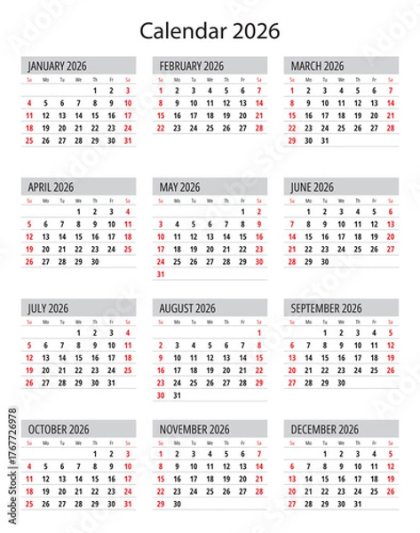 Fototapeta 2026 calendar. A vector collection of English monthly page twelve months. Week start Sunday