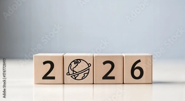 Fototapeta Wooden blocks displaying the year 2026 with a globe symbol, isolated on white background