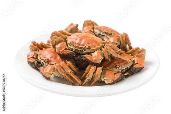 Fototapeta Cooked crabs on white plate ready to eat seafood dish