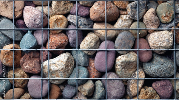 Fototapeta Modern gabion wall steel wire grid. Filled with natural river stones. Building material shows blend of strong texture, durable structure. Used in landscape architecture, garden design, offering