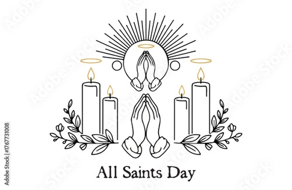 Obraz Elegant line art illustration of praying hands and candles with halos and radiating light for all saints day celebration