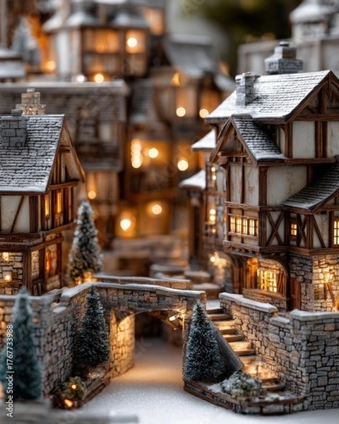 Obraz Miniature snow-covered European style village scene glows with warm interior lighting