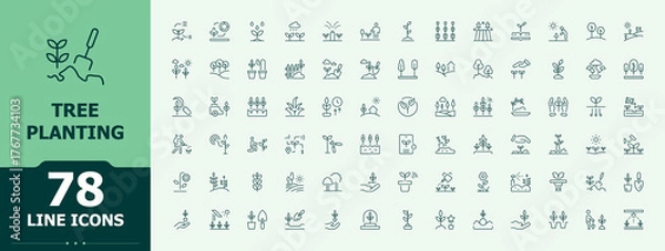 Fototapeta Tree Planting linear icon set. Contains such symbols as environment, farming, garden, plant, eco, ecology and more. Nature icon pack. Thin icons set. Editable stroke. Vector collection.