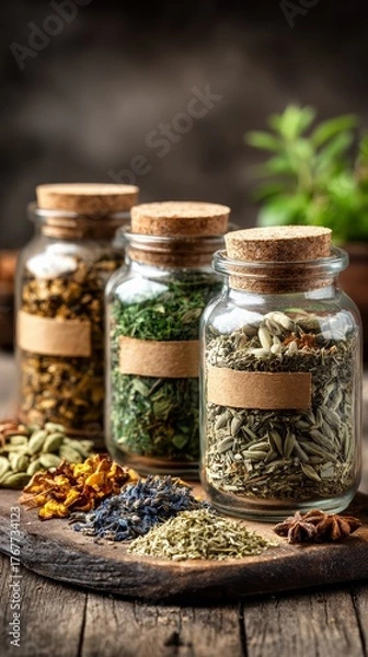 Fototapeta Flat lay of labeled glass jars containing yerba mate blends with botanical ingredients, parchment paper background, earthy tones