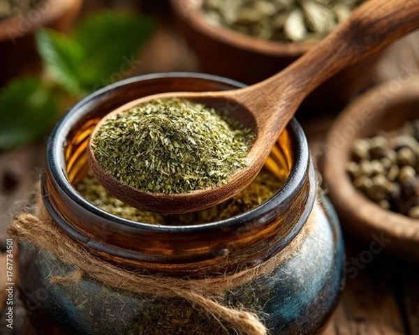 Fototapeta Closeup of wooden spoon scooping yerba mate blend from apothecary jar, soft natural light, traditional herbal remedy style