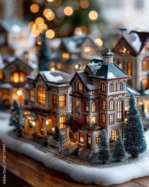 Obraz Miniature illuminated Victorian houses rest on a snow-covered surface with warm background lights