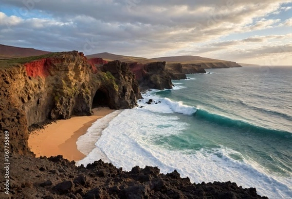 Fototapeta Dramatic Volcanic Coastline with Crashing Waves and Sea Caves at Golden Hour