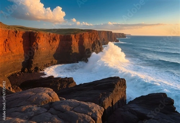 Fototapeta Dramatic Volcanic Coastline with Crashing Waves and Sea Caves at Golden Hour