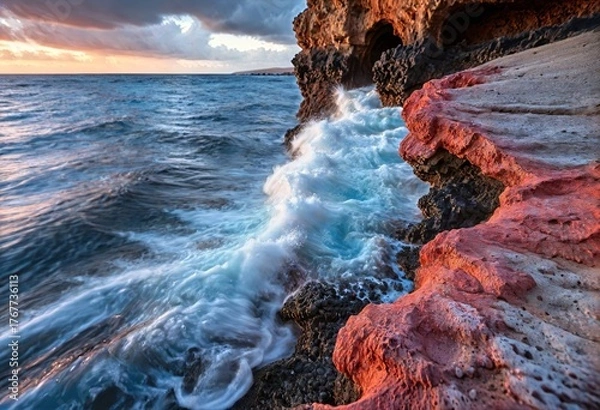 Fototapeta Dramatic Volcanic Coastline with Crashing Waves and Sea Caves at Golden Hour