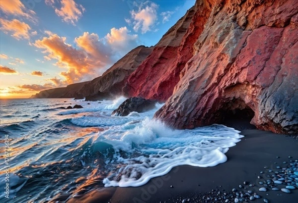 Fototapeta Dramatic Volcanic Coastline with Crashing Waves and Sea Caves at Golden Hour