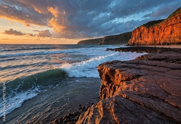 Fototapeta Dramatic Volcanic Coastline with Crashing Waves and Sea Caves at Golden Hour