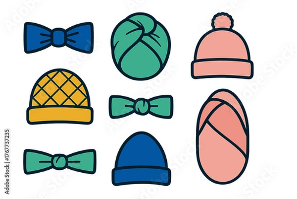 Obraz Colorful collection of winter headwear and formal neckwear accessories including beanies and bow ties