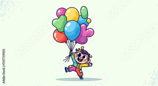 Fototapeta Joyful child clutching bunch of vibrant balloons, cartoon design brimming with happiness and