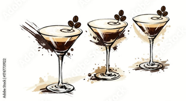 Fototapeta Espresso martini trio with stylized watercolor splash effect enhancing the cocktail art