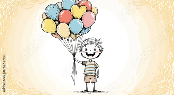 Fototapeta Illustration of a cheerful boy holding a bunch of colorful balloons in a whimsical style