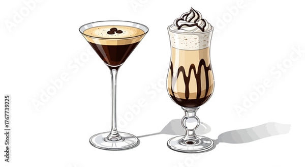 Fototapeta Artistic depiction of espresso martini and layered dessert cocktail with unique stylized