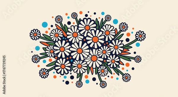 Fototapeta A retro floral arrangement featuring daisies with colorful accents and a vintage aesthetic