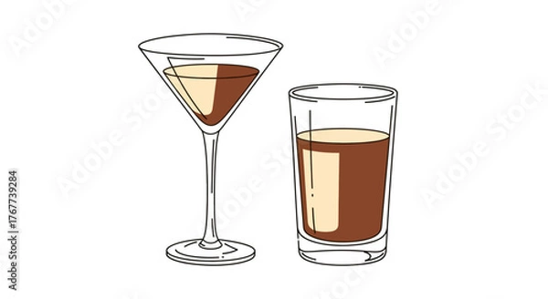 Fototapeta Hand Drawn Line Art Depiction of a Chocolate Cocktail and Highball Drink for Graphic Design Projects