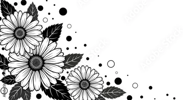 Fototapeta Monochrome Floral Corner Design with Daisies, Leaves, and Spherical Accent Elements Composition
