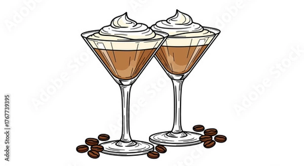 Fototapeta Illustration featuring two coffee cocktails with whipped cream and scattered coffee beans on a