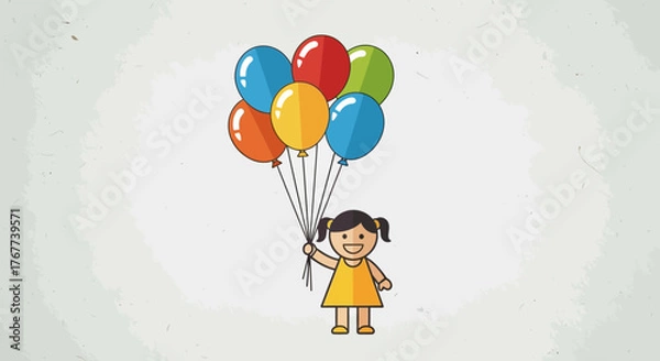 Fototapeta Cheerful cartoon of a little girl holding colorful balloons, celebrating a birthday or special event