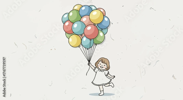 Fototapeta A whimsical illustration of a girl joyfully holding a large bunch of colorful balloons