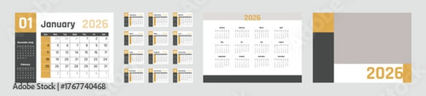 Fototapeta 2026 calendar. Planner calendar template. Yearly stationery organizer. The week starts Monday. Table schedule grid with 12 months. Corporate monthly diary layout. Vector illustration
