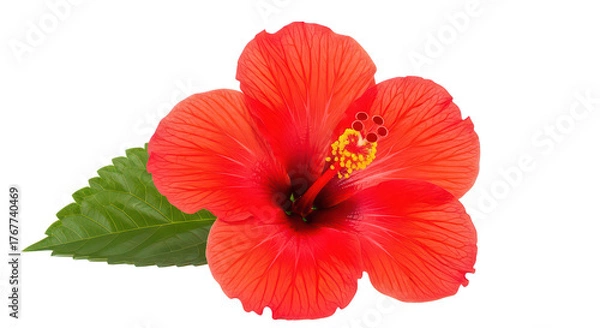 Fototapeta Vibrant Red Hibiscus Flower With Green Leaf On Black Background