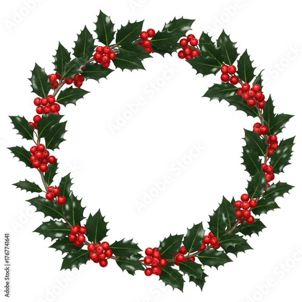 Obraz Elegant Christmas Wreath With Red Berries Isolated on Transparent PNG Background.