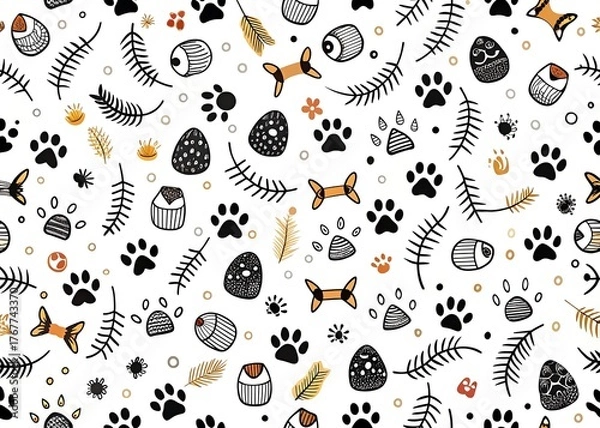 Fototapeta Whimsical hand drawn pattern of cute cats paw prints and playful cat toys on a white background
