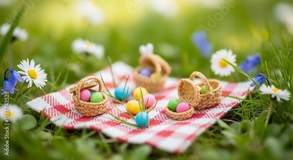 Fototapeta Miniature easter picnic scene with eggs, baskets, and flowers, whimsical