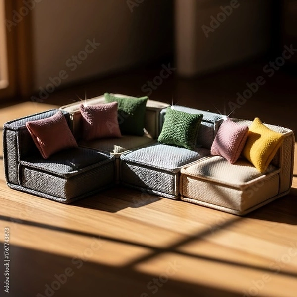 Obraz Miniature modular sofa sectional with colorful knit pillows on wood floor