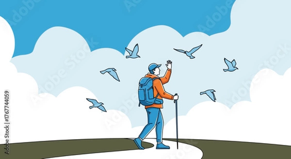 Obraz A Person Hiking on a Path with Birds Flying in a Cloudy Sky Animation